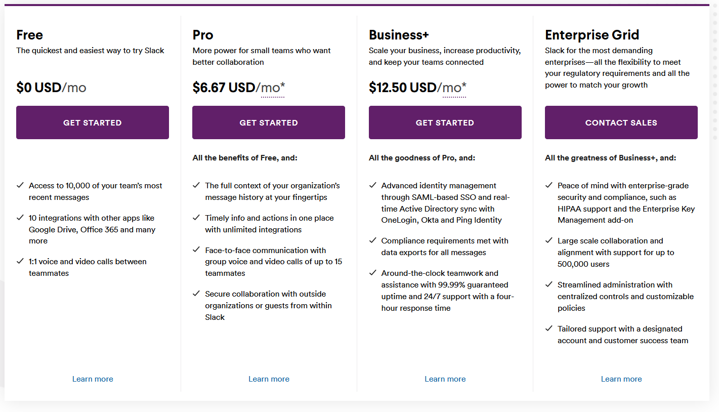 Slack Pricing options