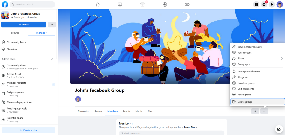 Step 5 - You will see the option to delete the Facebook group